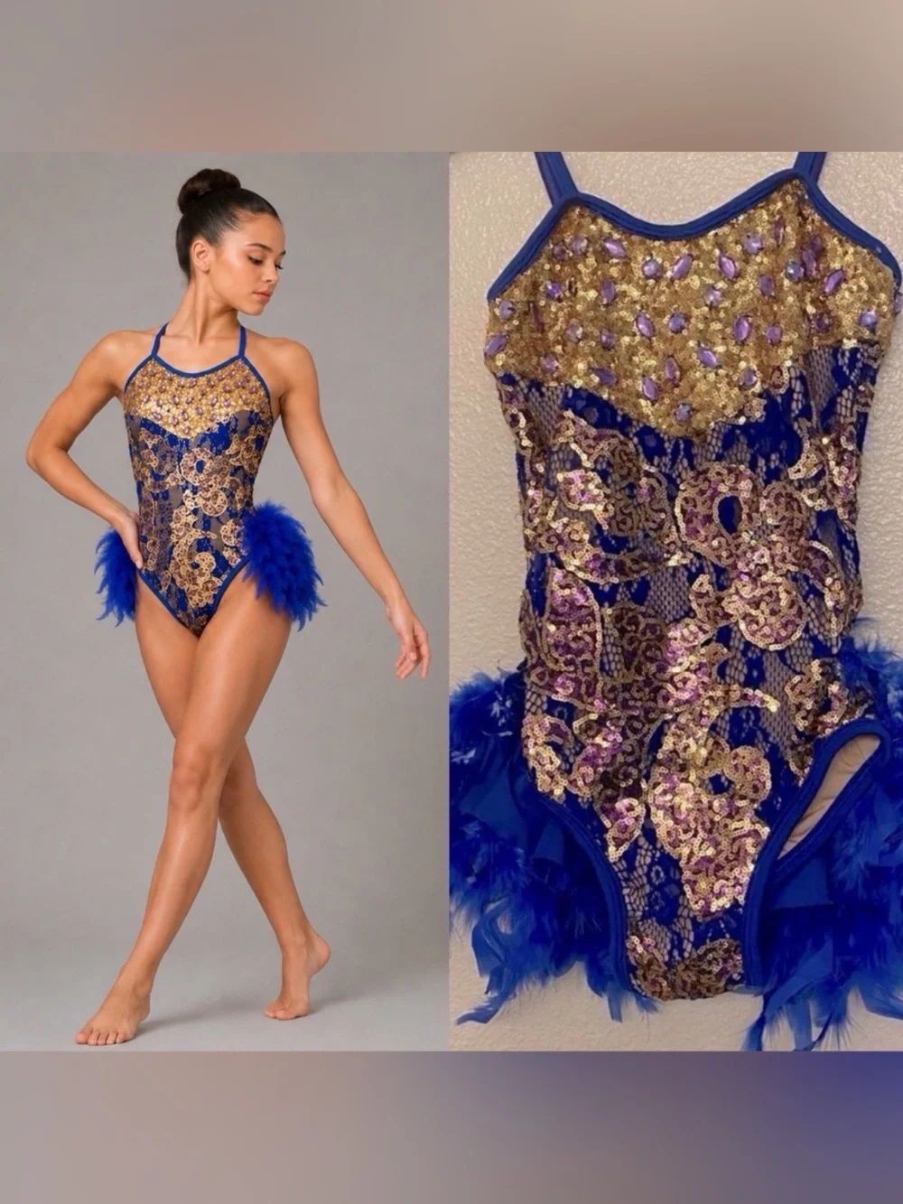 Glamour dance costume solo gold sequin blue feather sassy salsa jazz LC child